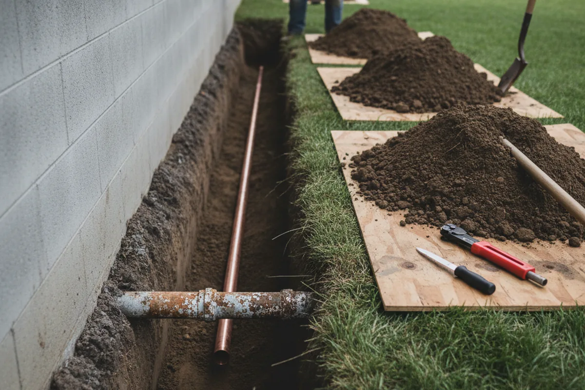 Excavated water line trench during Water Softener Installation in Eagle Bay